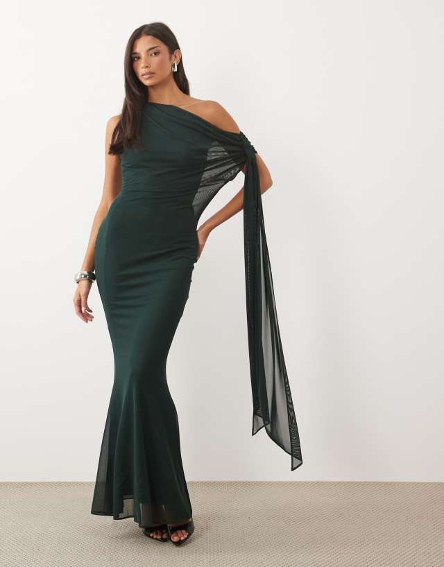 TFNC mesh draped one shoulder tie detail maxi dress in emerald