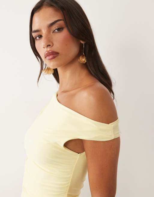 TFNC mesh dropped shoulder ruched detail maxi dress in lemon, 4 of 4