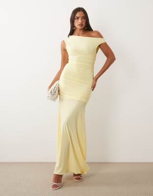 TFNC mesh dropped shoulder ruched detailing maxi dress in lemon