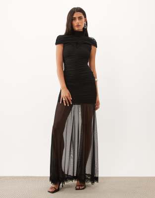 Tfnc Mesh High Neck Maxi Dress With Ruched Detail In Black