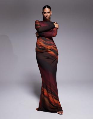TFNC TFNC mesh high neck ruched side maxi dress in burgundy ombre-Multi