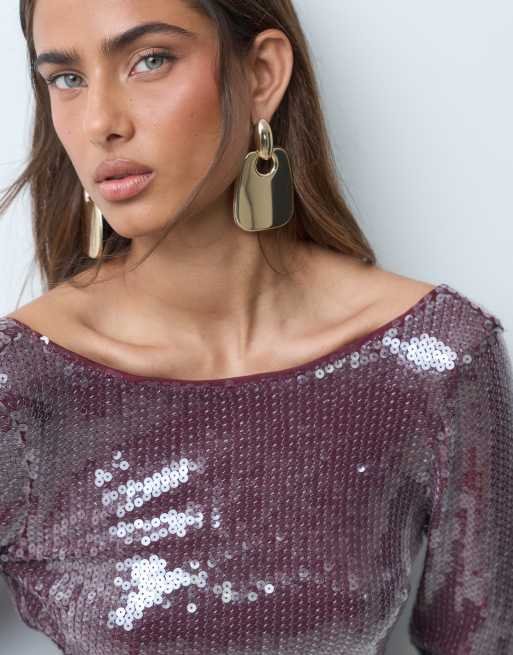 TFNC mini-robe à sequins, manches évasées, col rond et dos nu, bordeaux, 3 de 5