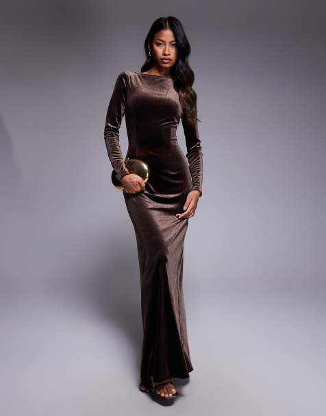 TFNC modest long sleeved maxi dress with slash neck in chocolate brown velvet - view 1