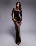 [TFNC] TFNC modest long sleeved maxi dress with slash neck in chocolate brown velvet 6 Choc brown