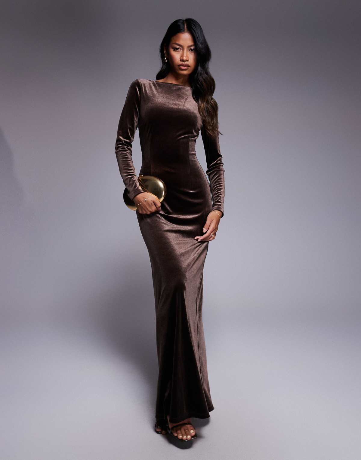 TFNC modest long sleeved maxi dress with slash neck in chocolate brown velvet