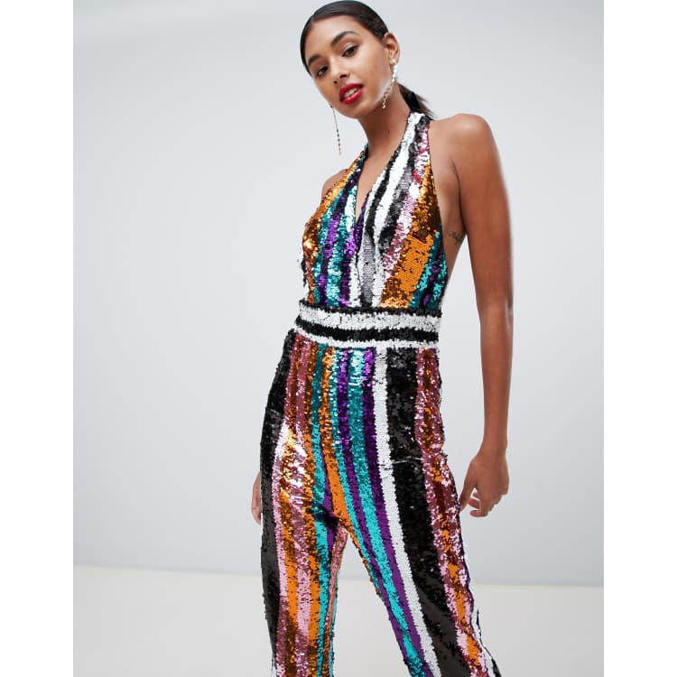 Stripe Sequin Halterneck Cut Out Jumpsuit