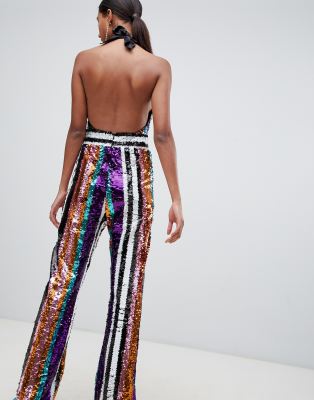 TFNC multi striped sequin halterneck wide leg jumpsuit in rainbow