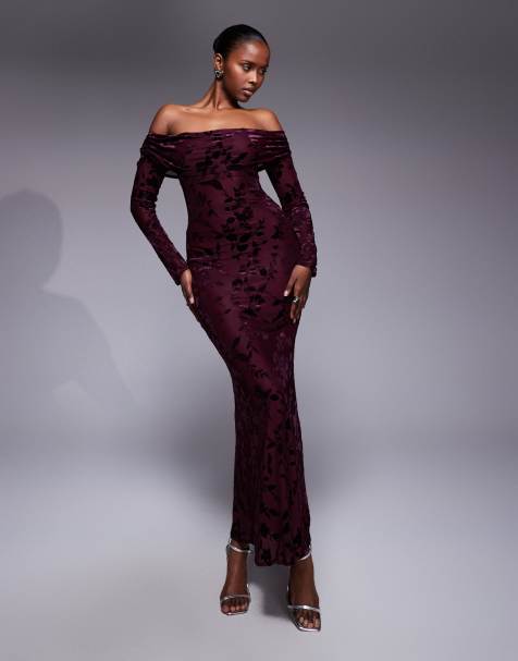 TFNC off shoulder long sleeve maxi dress in burgundy velvet burn out - view 1