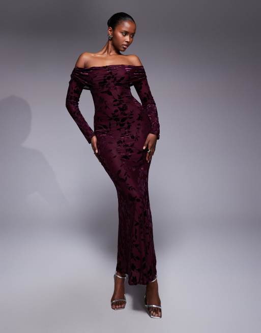 TFNC off shoulder long sleeve maxi dress in burgundy velvet burn out