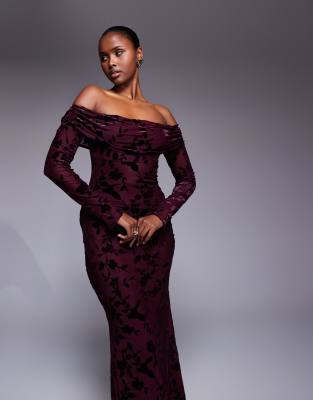 Tfnc Off Shoulder Long Sleeve Maxi Dress In Burgundy