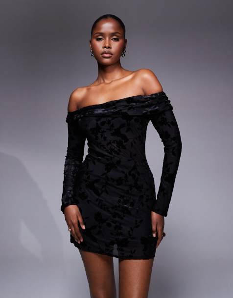 TFNC off shoulder long sleeve mini dress in black velvet burn out - view 1