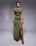 [TFNC] TFNC off shoulder midaxi dress with thigh split in olive-Green 6 Olive