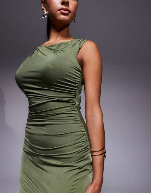 TFNC off shoulder midaxi dress with thigh split in olive, 3 of 4