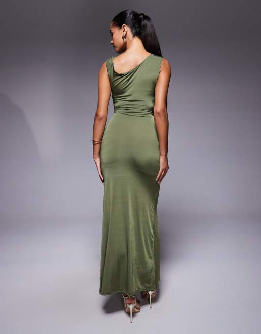 TFNC off the shoulder midaxi dress with thigh slit in olive
