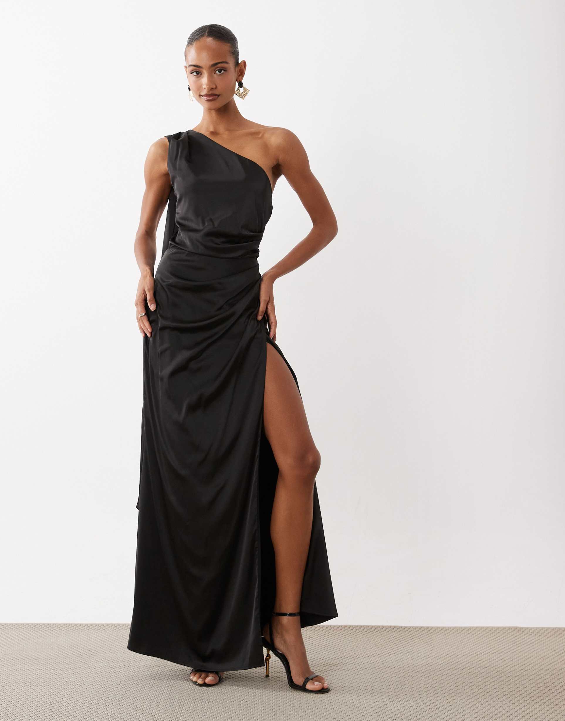 tfnc one shoulder drape back split detail maxi dress in black