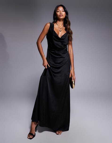 TFNC one shoulder maxi dress with cross strap back in black satin  - view 1