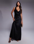 [TFNC] TFNC one shoulder maxi dress with cross strap back in black satin 12 BLACK