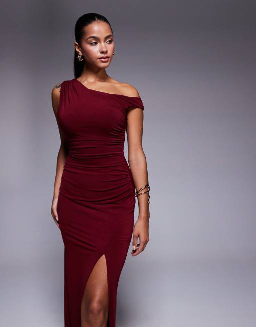 TFNC one shoulder midaxi dress with thigh slit in cherry