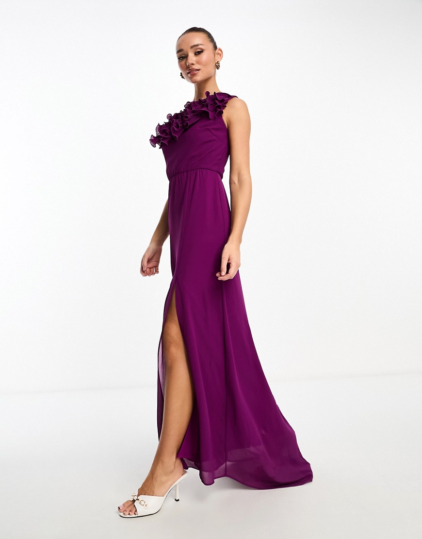 TFNC one shoulder ruffle maxi dress in berry-Purple