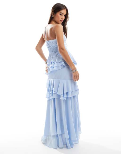 TFNC one shoulder ruffle maxi dress in powder blue