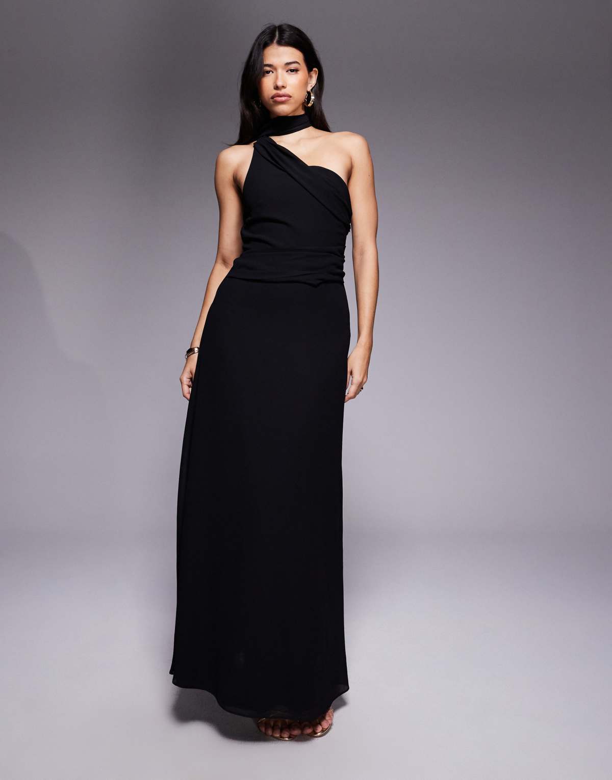 TFNC one shoulder scarf neck maxi dress in black