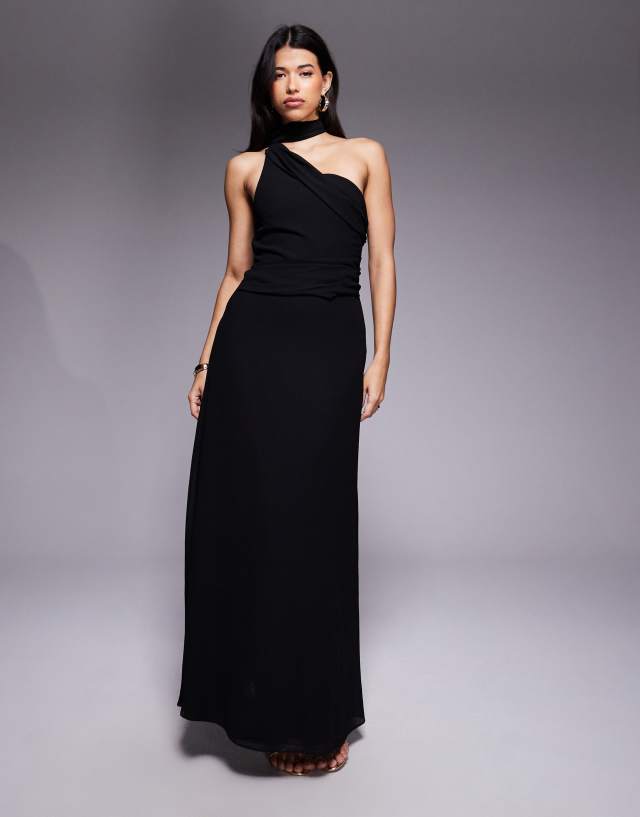 TFNC one-shoulder scarf neck maxi dress in black | ASOS