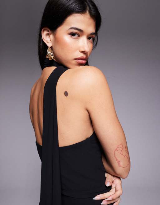 TFNC one-shoulder scarf neck maxi dress in black