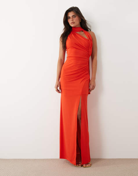 TFNC - Orange tætsiddende oneshoulder-maxikjole med høj slids og tørklædedetalje - view 1