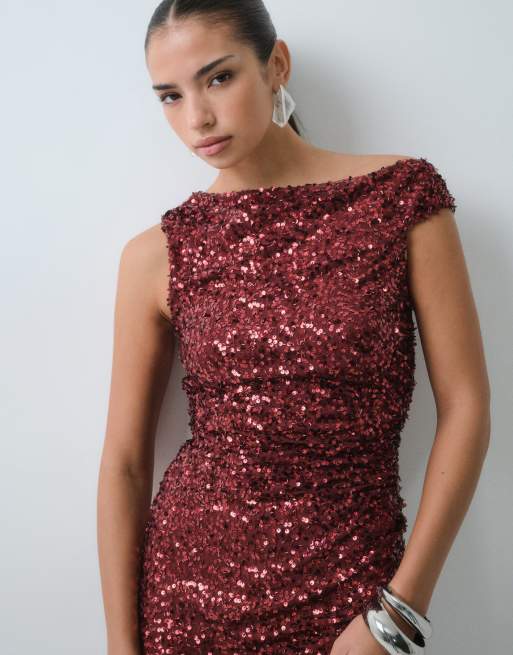 TFNC Pailletten-Minikleid mit schulterfreiem Detail in Burgunderrot, 4 von 5
