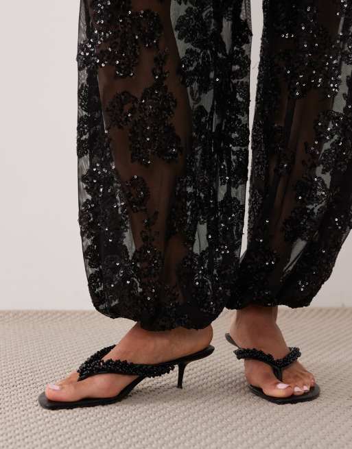 TFNC pantalon ballon noir à fleurs, sequins, transparent, taille élastiquée, 2 de 5