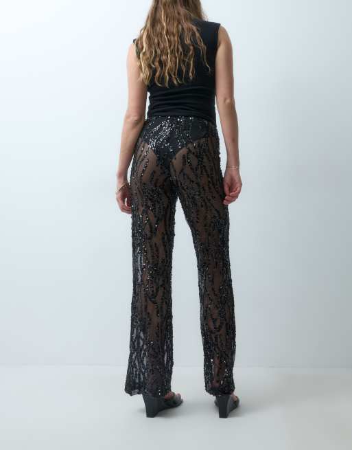 TFNC pantalones de pernera ancha transparentes de lentejuelas en negro, 3 de 5