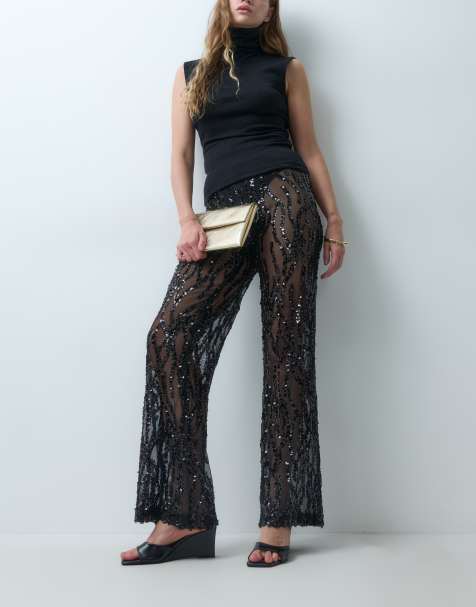 TFNC pantalones rectos de malla adornada con cintura elástica en negro - view 1