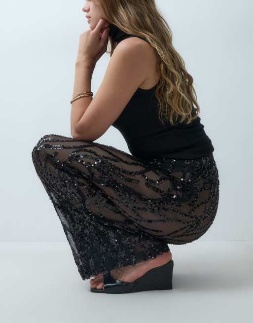 TFNC pantaloni a gamba ampia trasparenti con paillettes neri, 2 di 5