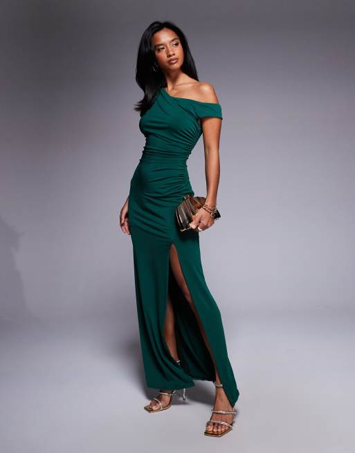 TFNC Petite – Asymmetrisches, verziertes Midikleid in Smaragdgrün mit hohem Schlitz