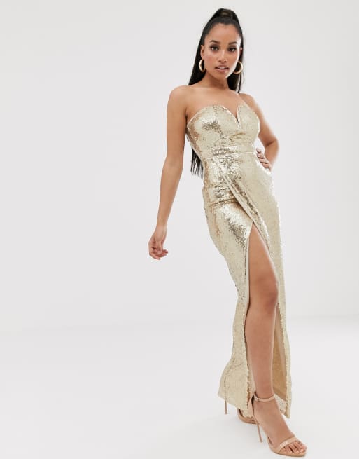 Tfnc patterned sequin bandeau store maxi dress in gold