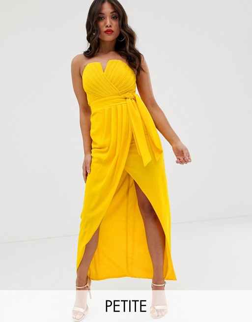 TFNC Petite bandeau wrap midaxi dress with pleated detail in yellow