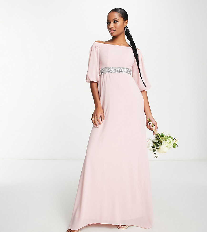 TFNC Petite bardot chiffon maxi dress with embellished waist in mauve - PINK