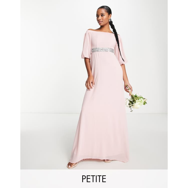 TFNC Petite bardot chiffon maxi dress with embellished waist in mauve PINK ASOS