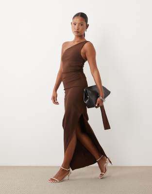 Tfnc Petite Bengaline One Shoulder Draped Maxi Dress In Brown