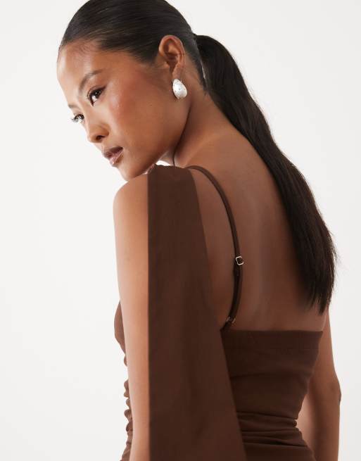 TFNC Petite bengaline one shoulder draped maxi dress in chocolate, 3 of 4