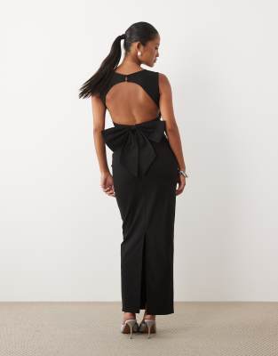 Tfnc Petite Bengaline Slash Neck Open Back Bow Detail Maxi Dress In Black