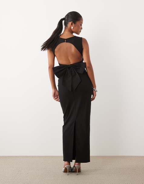 TFNC Petite bengaline slash neck open back bow detail maxi dress in black - view 1
