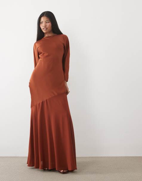 TFNC Petite bias cut round neck long sleeve chiffon skirt detailing satin maxi dress in rust - view 1
