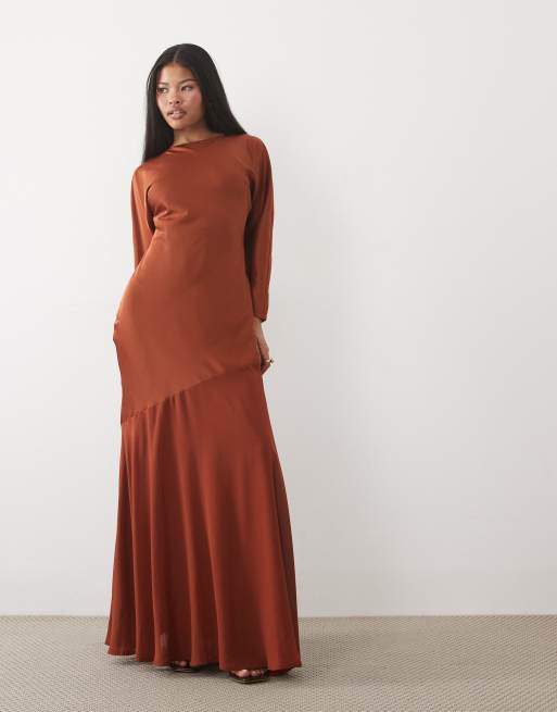 TFNC Petite bias cut round neck long sleeve chiffon skirt detailing satin maxi dress in rust