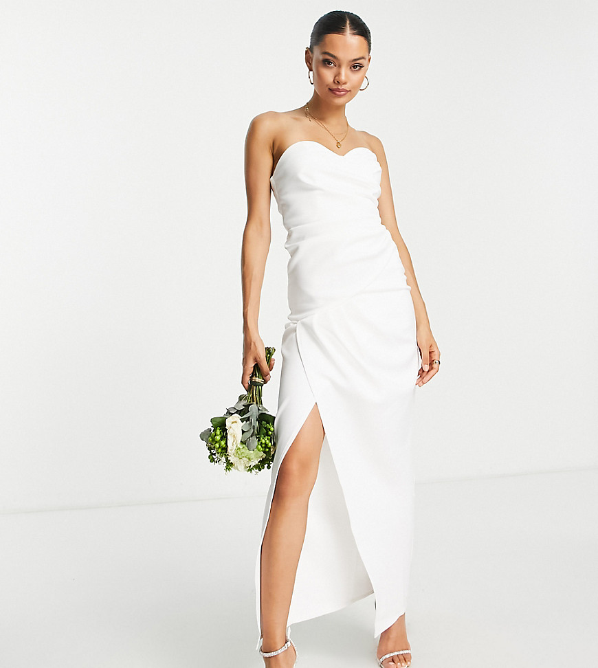 TFNC Petite Bridal bandeu wrap maxi dress in ivory-White