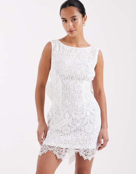TFNC Petite Bridal boat neck bow back lace mini dress in ivory - view 1