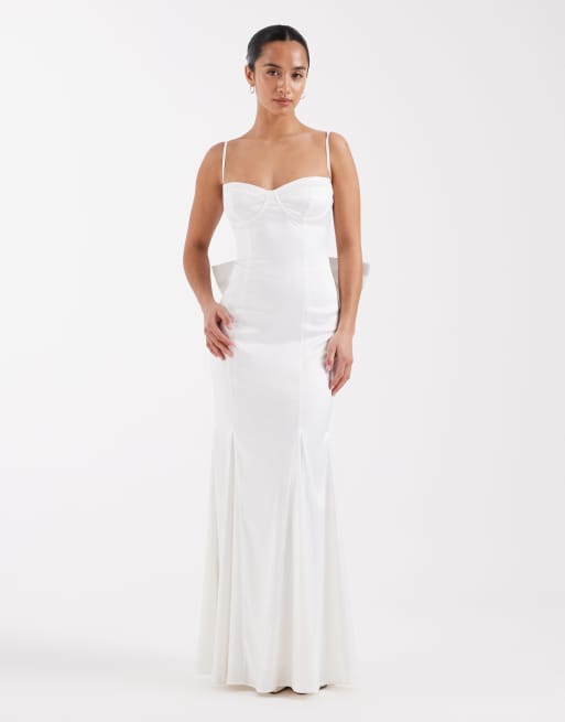 TFNC Petite Bridal sweetheart neck satin maxi dress with chiffon hem and  bow back in ivory