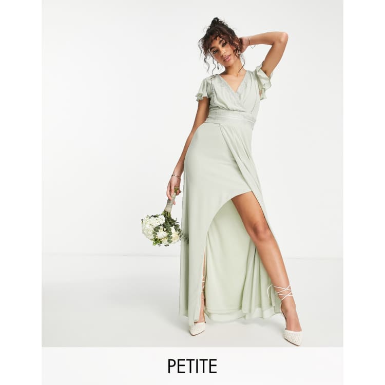 TFNC Petite Bridesmaid Ariana flutter sleeve v neck dress in sage green