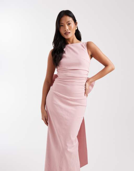 TFNC Petite Bridesmaid bengaline maxi dress with detachable bow back in pink, 2 of 4