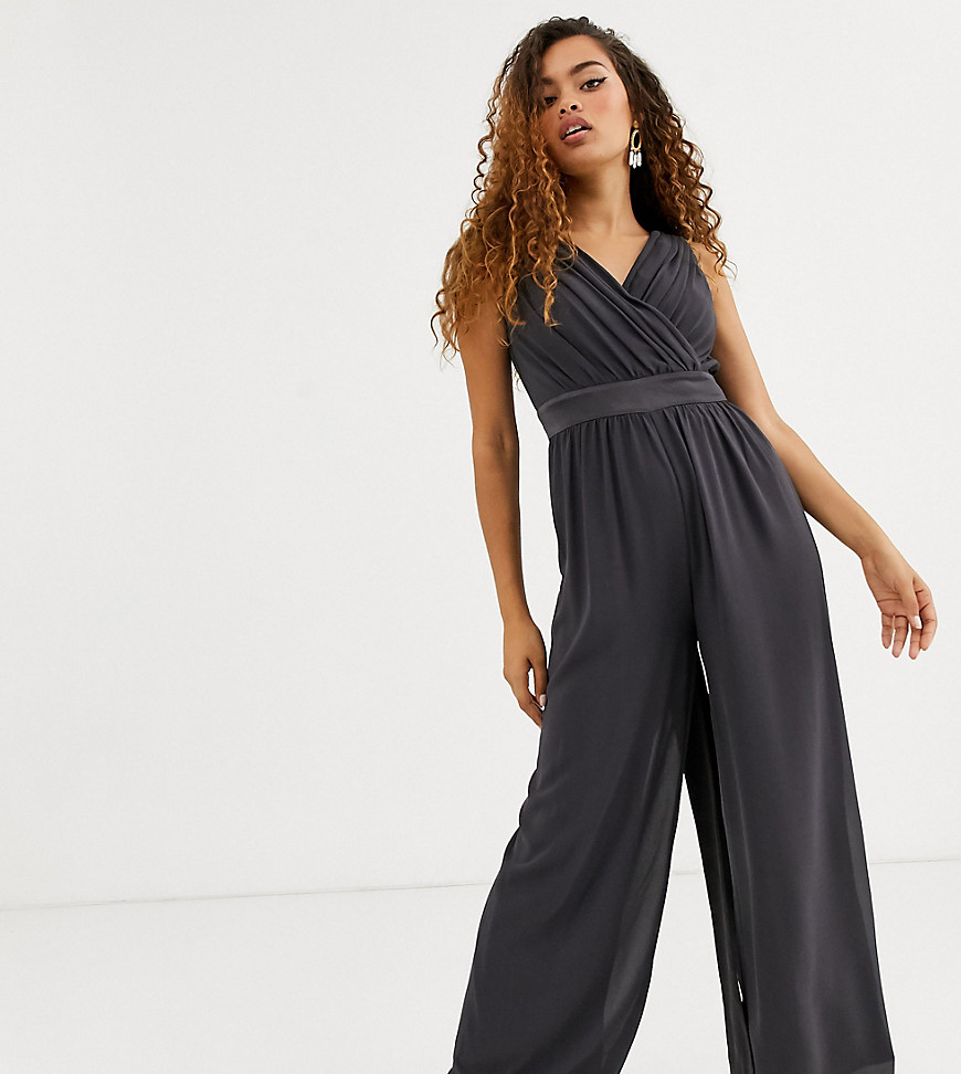 Tfnc Petite Bridesmaid Bow Back Jumpsuit In Gray-grey